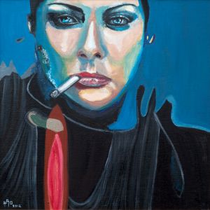 "Fumée bleue" (  凝重的蓝衣妇人)  80x80cm    亚麻油画