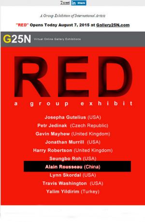 2 015 - (08) 获纽约la Galerie25N举办"RED"（红色）绘画竞赛大奖，获奖绘画在画廊网站www.gallery25N.com展出6个月